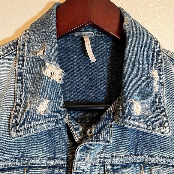 Free People Distressed Denim Knit Sleeves Jean Jacket - Picture 2 of 16